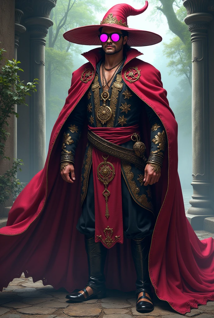 Make me an image of a medieval wizard Without a staff and without a hat Wearing Doquixote Doflamingo's glasses