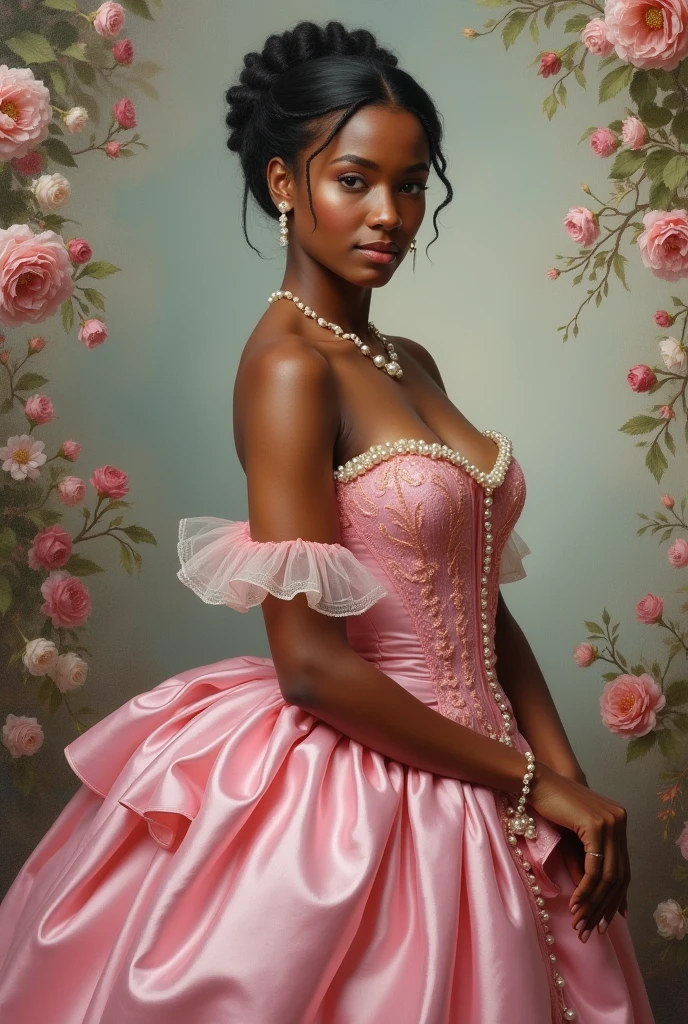 Create a painting of a 18th century lady , pink dress, brown skin with flowers and pearls all over her body.