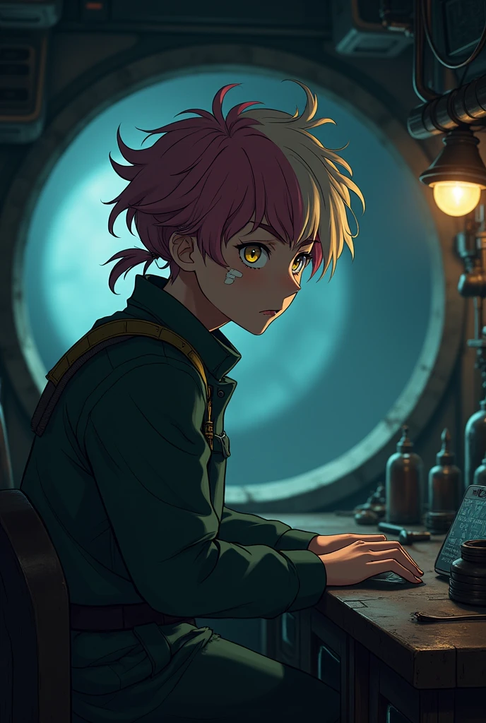 Barotrauma. Style: 2D anime image with high quality. Character: young guy, fair skin, left side of hair light, right side of hair dark pink. Hair wavy and quite long Gathered into a shaggy, small ponytail , yellow eyes and wide eyebrows, a bandage on his cheek. Emotion: irritation. Clothing: uniform Engineer of a submarine officer from the Barotrauma game universe. Background: Inside a submarine. Details: sloppy appearance, dirty clothes. Angle: far from the character, characters looking over the shoulder. Lighting: only one dim lamp, dim lighting.