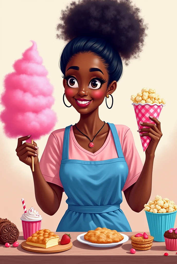 Drawing of a black woman with curly hair tied up in a blue apron holding a pink cotton candy in one hand and a bag of blue popcorn in the other hand with sweets and dreams