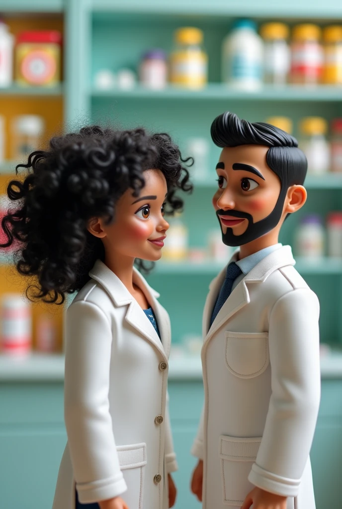 create two dolls with lab coats, pharmacy theme, the female with black curly hair and the male with short hair and a beard only on the chin and a mustache