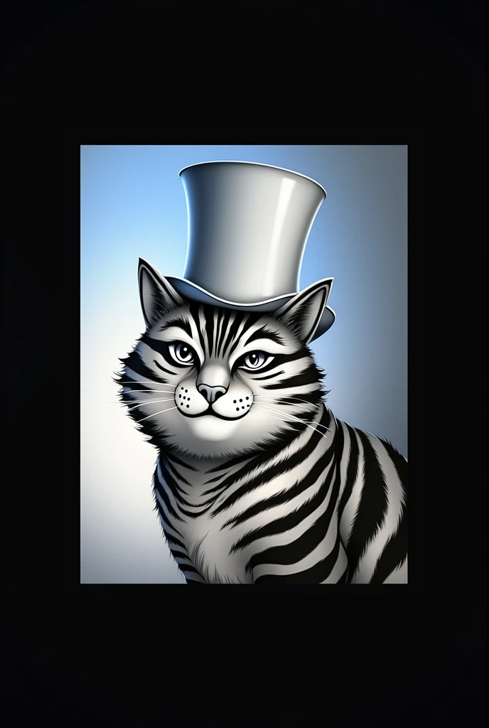Thick-necked striped cat with top hat. in black and white