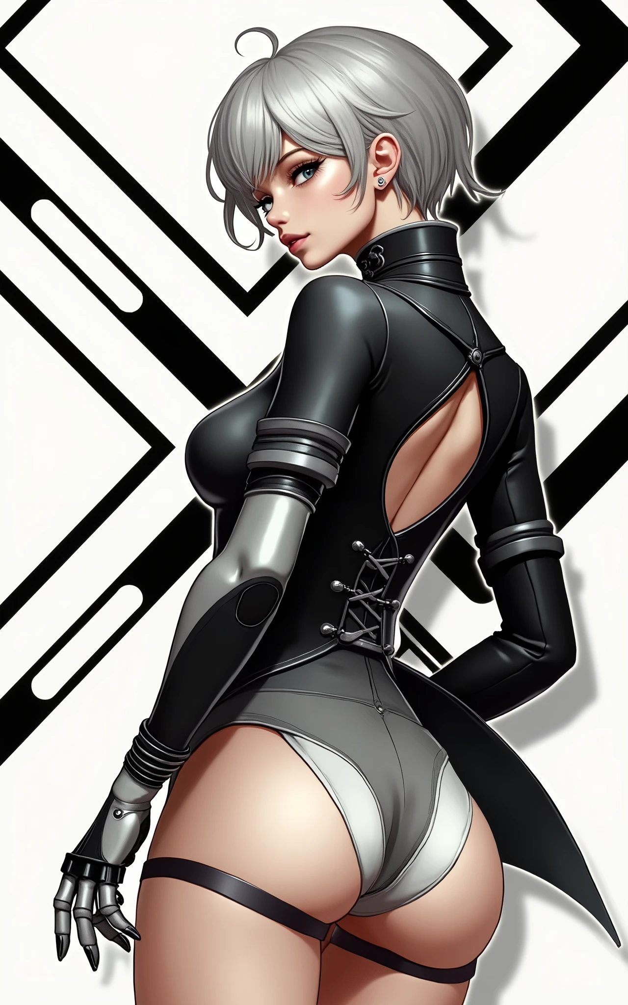(masterpiece, best quality)), ((((perfect anatomy)))), Caucasian android woman with short silver hair, ((elaborate black dress)) (((white high cut leotard))), big butt, black eye-band, white and black gloves, digital black pattern background, (((photo realistic)))