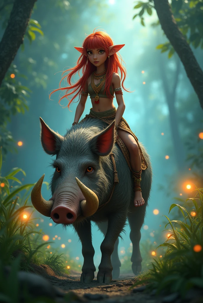 an aggressive red haired indigenous girl animation, dressed as an Indian, elf ears and riding a Brazilian wild pig with tusks wandering through a misty enchanted forest with light grass and fireflies
