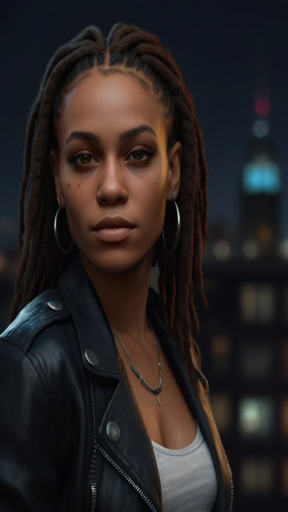 Black woman with dreadlocks standing in front of a city skyline, unreal 5. rpg portrait, cinematic realistic portrait, high quality portrait, realistic face moody lighting, photorealistic artstyle, beautiful city black woman only, detailed character portrait, character art portrait, unreal engine character art, cgsociety portrait, realistic artstyle, female lead character, realistic art style