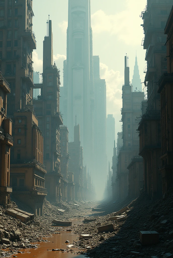 Destroyed city, No person, Futurism, god rays, satellite image, highres