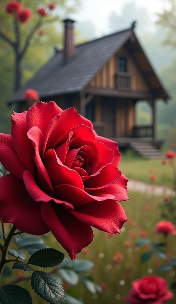 It sounds like you’re describing something specific, but it’s a bit unclear. Are you referring to a particular image, artwork, or concept? Any additional details would help clarify what you mean by "Big red rose petals wooden house gira hua."High Resolution,