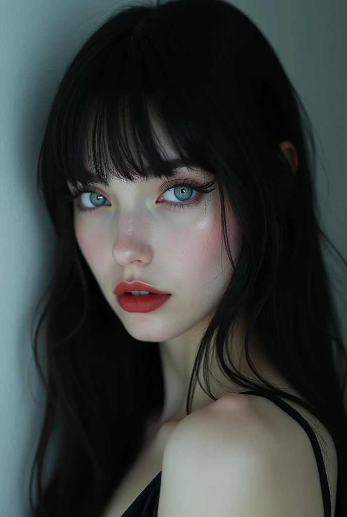 White woman with straight black hair, blue colored eyes, fleshy lips