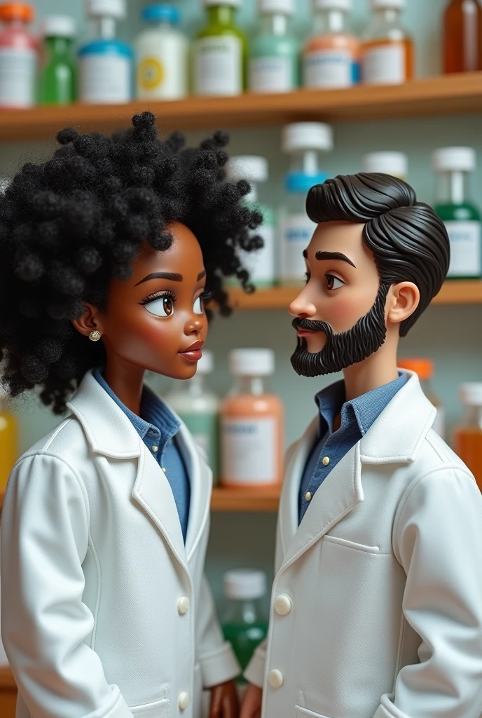 create two dolls with lab coats, pharmacy theme, the female with black curly hair and the male with short hair and a beard only on the chin and a mustache 