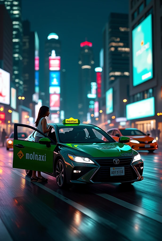 Taxi car with MojeTaxi logo, black car and white with green logo drives through the night city, a girl gets into this car