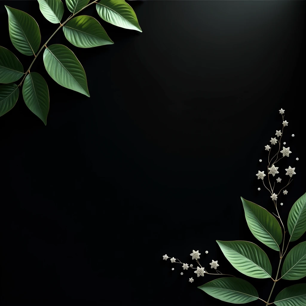 "Create a luxurious background with a deep black, subtle textured surface that radiates sophistication. Position glossy green leaves in the upper left corner, and complement them with a cluster of sparkling crystals and similar leaves in the bottom right corner. The scene should be realistically lit, with soft highlights emphasizing the elegance and depth of the black backdrop, perfect for showcasing jewelry."





