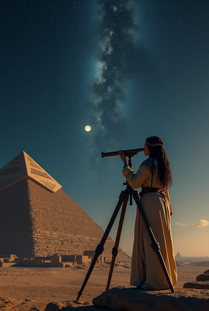 A photorealistic image of a female astronomer from ancient Egypt, gazing through a crude telescope made of clay and obsidian. She is standing on the roof of a pyramid, bathed in moonlight. The Milky Way stretches across the night sky, and the constellations are clearly visible.
Unique elements:
* Ancient Egyptian astronomer: A less common historical figure, offering a unique perspective.
* Clay and obsidian telescope: A primitive yet imaginative instrument, suggesting early astronomical advancements.
* Pyramid setting: A symbolic location, representing ancient Egyptian knowledge and achievement.
* Milky Way and constellations: A celestial backdrop that emphasizes the astronomer's connection to the cosmos.
