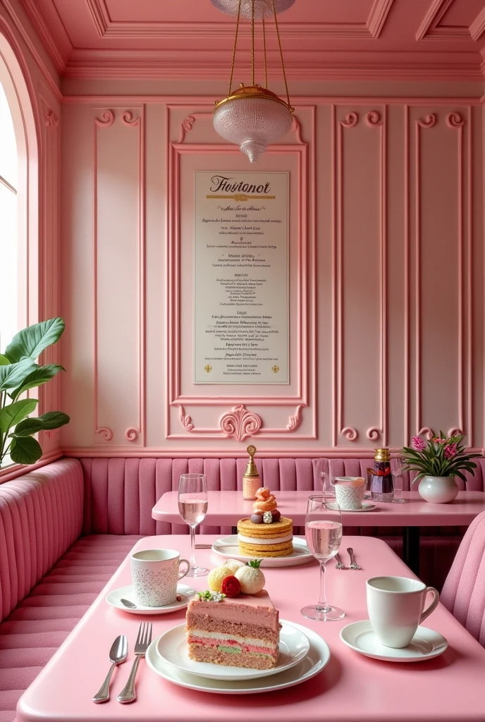 Pink palace themed cafe menu with photos