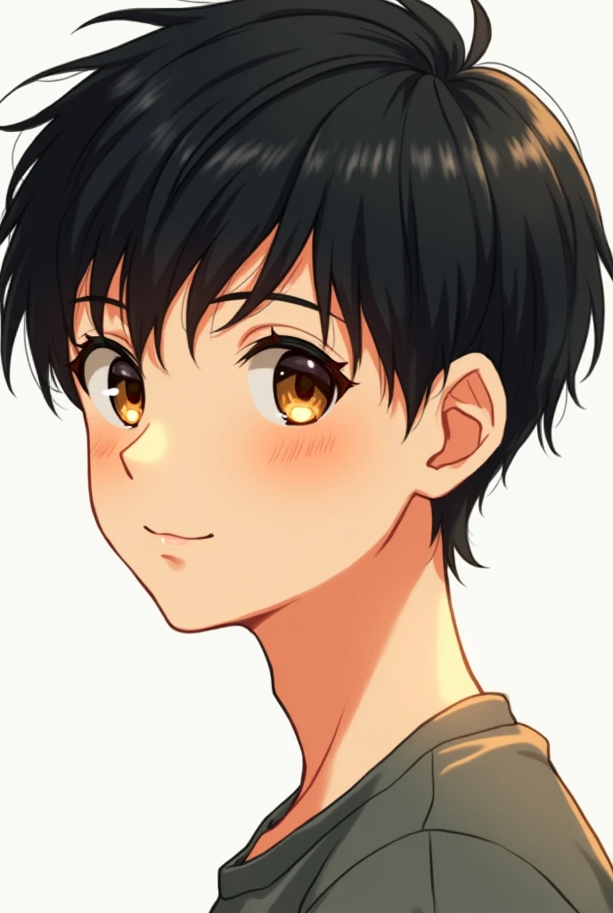 2 anime version boy, short black hair, delgado, mixed skin, light brown eyes