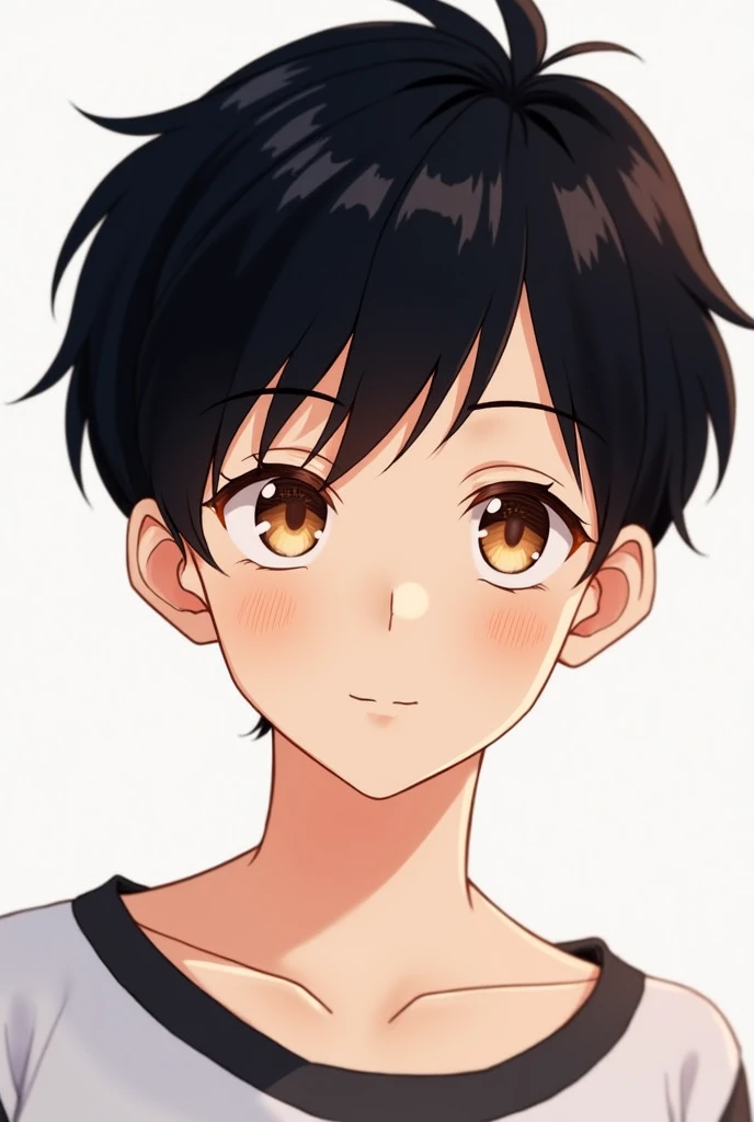 2 anime version boy, short black hair, delgado, mixed skin, light brown eyes