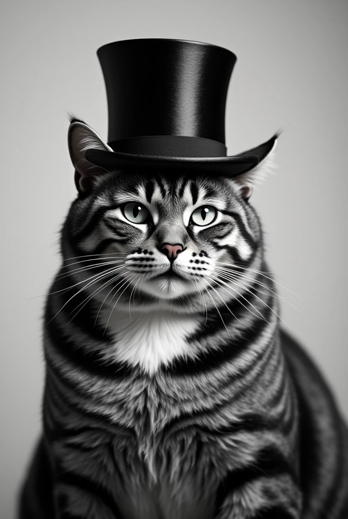 Thick-necked striped cat with top hat. in black and white