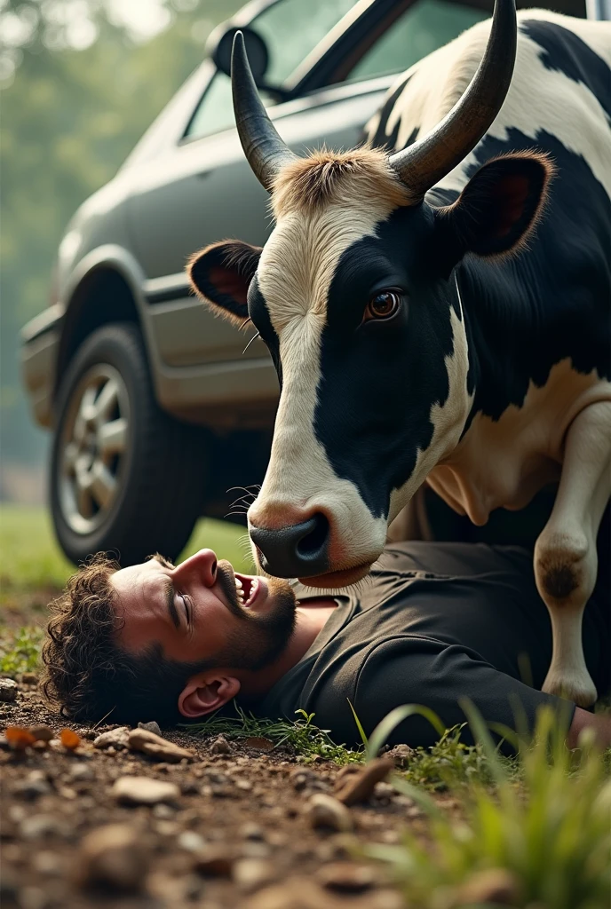 A car is lying on top of a man and the man is down and asking for help and white and black colour cow takes the car up
