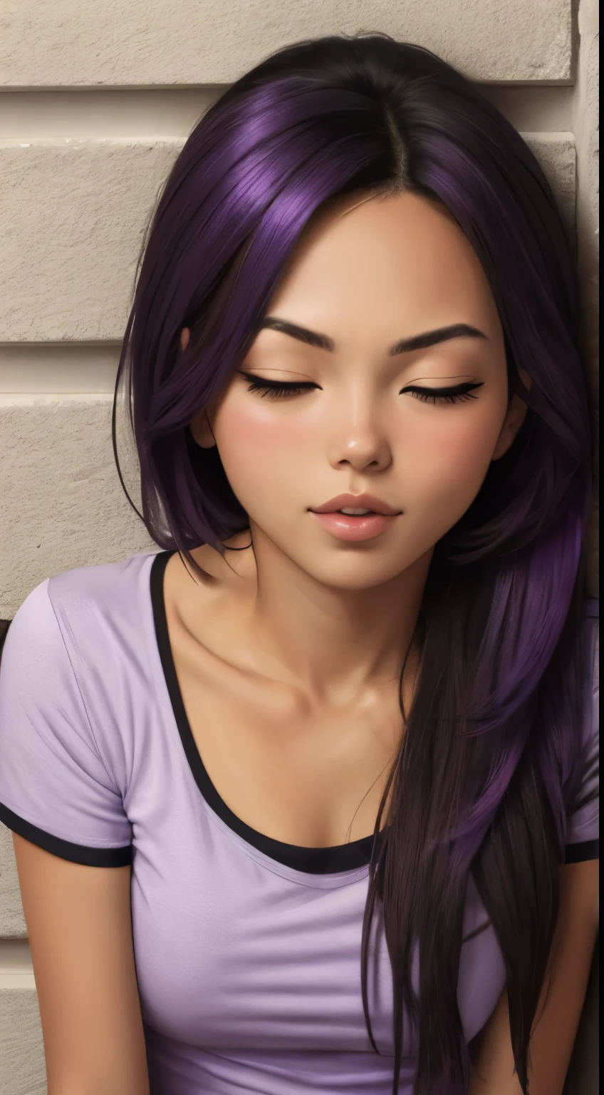a short sexy woman wearing purple t shirt and black tracks, pinned against the wall, eyes closed, lips parted, blushing intensely, ready to kiss