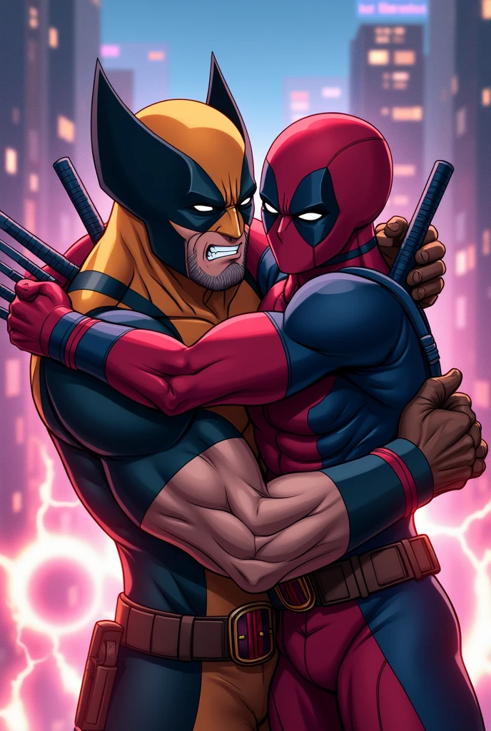 Angry Wolverine and Deadpool hugging him anime version