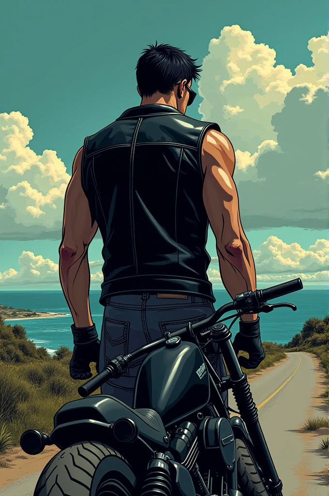 Image style Bande dessinée, avec un biker vue de dos, habillé avec gilet en cuire noir sans logo, a côté de sa moto style bobber avec une arme à la main, sur la route au bord de la mer