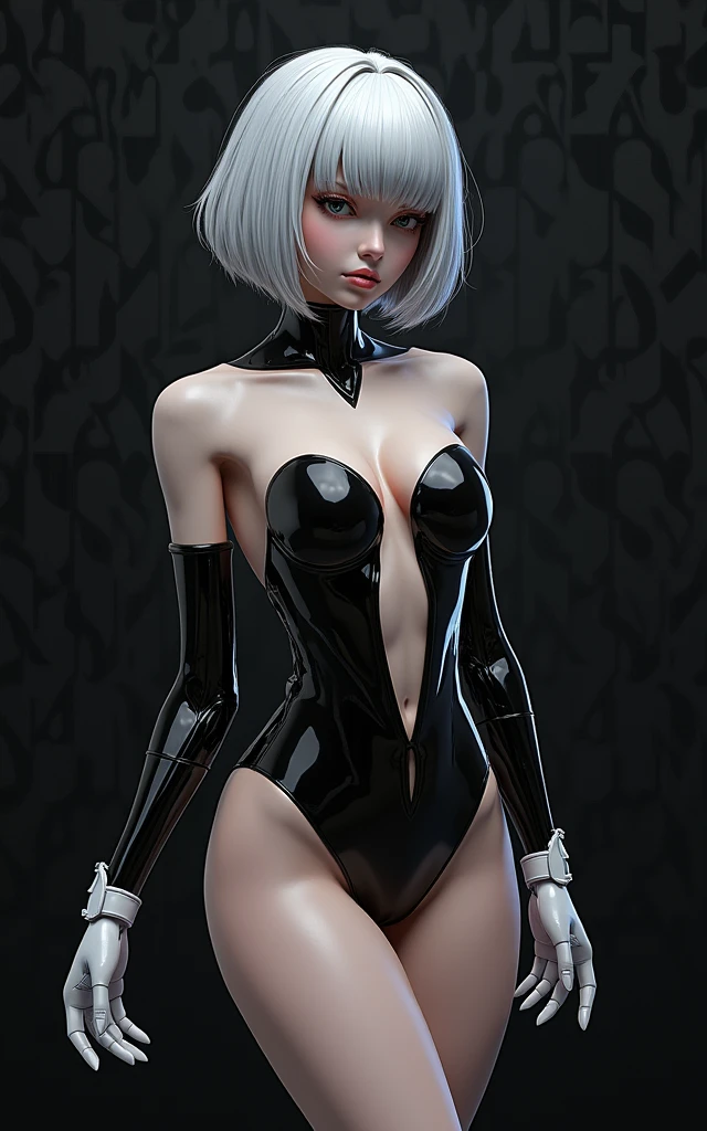 (masterpiece, best quality)), ((((perfect anatomy)))), Caucasian android woman with short silver hair, ((elaborate black dress)) (((white high cut leotard))), big butt, black eye-band, white and black gloves, digital black pattern background, (((realistic 3d animated movie art style)))