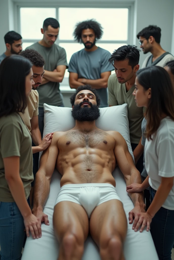 In an anatomy classroom, a handsome Puerto Rican man, stark, very bearded and hairy body, is lying on an examination table, wearing only white underwear. He is touched and examined closely by a group of curious casually dressed students around him., all focused on learning about the human body. The school classroom is bright.
