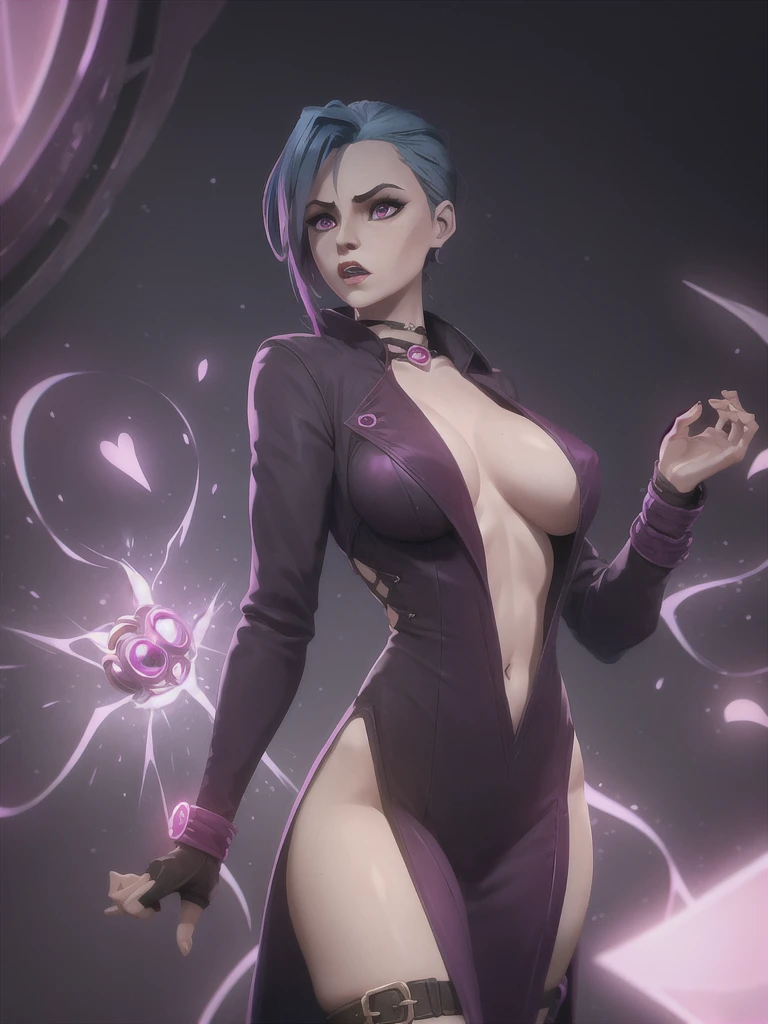 arcane style,
Jinx, 1 , big boobies, pink eyes, blue hair, showing breasts, neckleace, open clothing, looking at the spectator, masterpiece