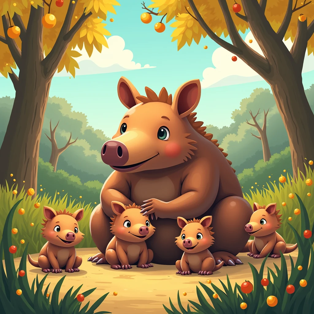 "In a playful and colorful style with touches of magical realism, A giant armadillo, Giant armadillo named Tonico, big fit ass, stark, kind and devoted to family, is surrounded by his four cubs: teak, Tito, Tuca and Tico, all smaller and with happy expressions. The vegetation of the surrounding Cerrado is vibrant, with pequi trees, Caryocar brasiliense trees laden with golden fruits on the ground, blooming yellow ipês, Handroanthus serratifolius, Ao fundo, native grasses like the beardgrass Andropogon bicornis and shrubs like the murici, Byrsonima crassifolia. The colors are saturated and bright, the characters have charismatic and friendly expressions, with simplified natural details, well-defined contours and smooth textures, creating an atmosphere