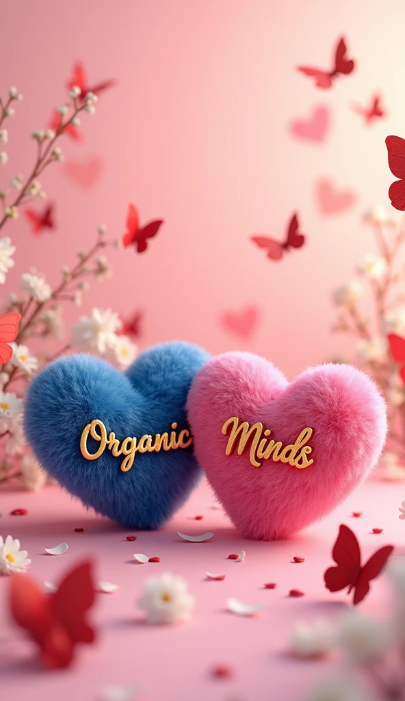 A captivating 3D render illustration captures a romantic and heartwarming scene, where two fluffy, heart-shaped objects take center stage. The deep blue heart bears the name 'Organic' in elegant, golden cursive, while the pristine dark pink heart showcases the name "Minds" in a similar golden script. Surrounding these hearts, butterflies and an assortment of smaller red and white hearts create an atmosphere of love and celebration. Delicate white flowers and a soft pink bac