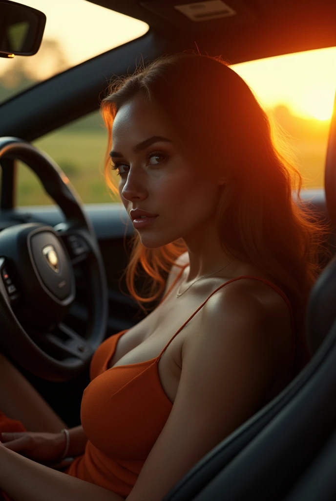 Analy assise dans une Lamborghini a la golden hours