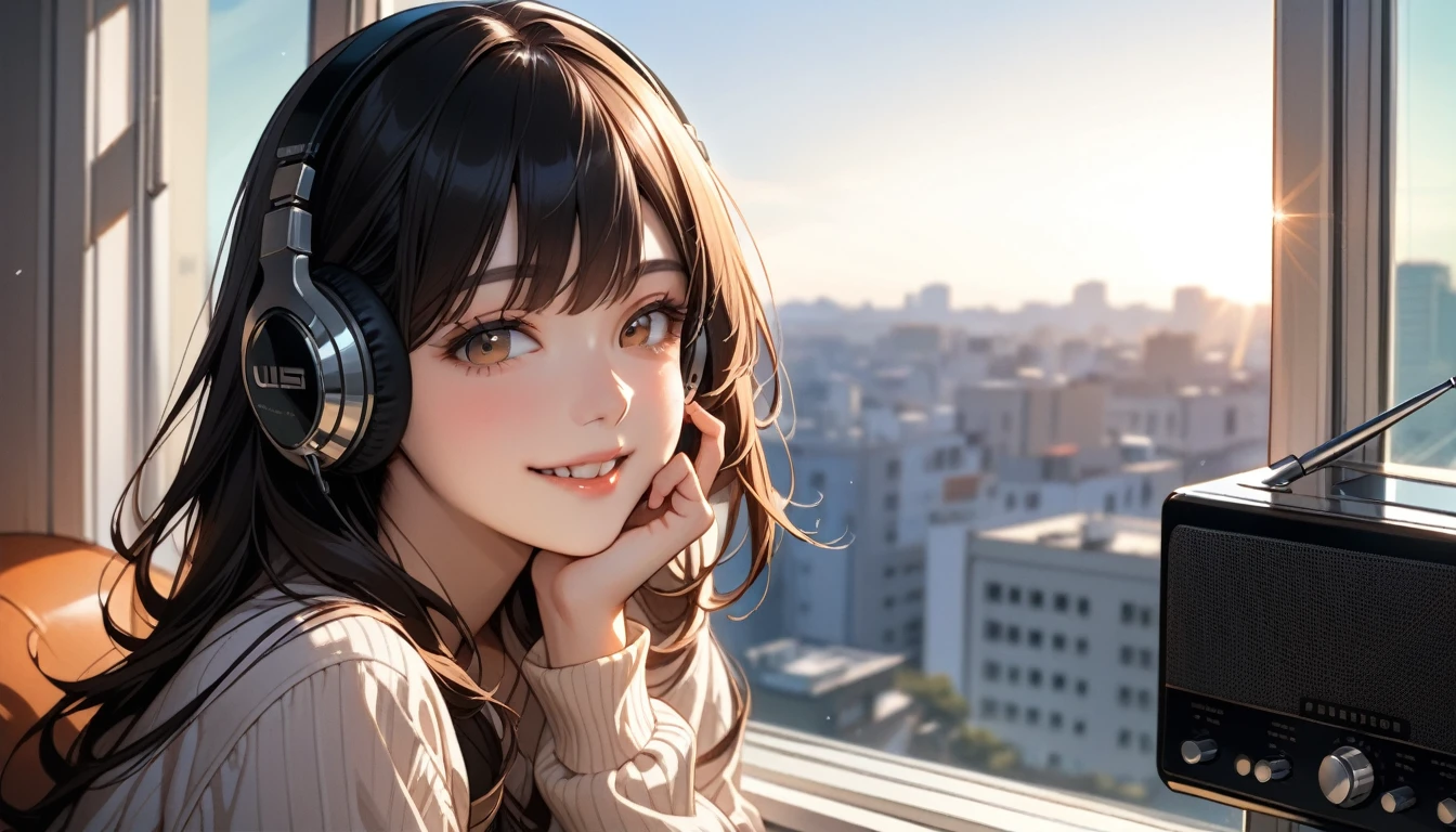 , High resolution, masterpiece, Highest quality, Ultra high definition, One person, solo, Beautiful Face, , Looking out the window, Listening to the radio, Smiling