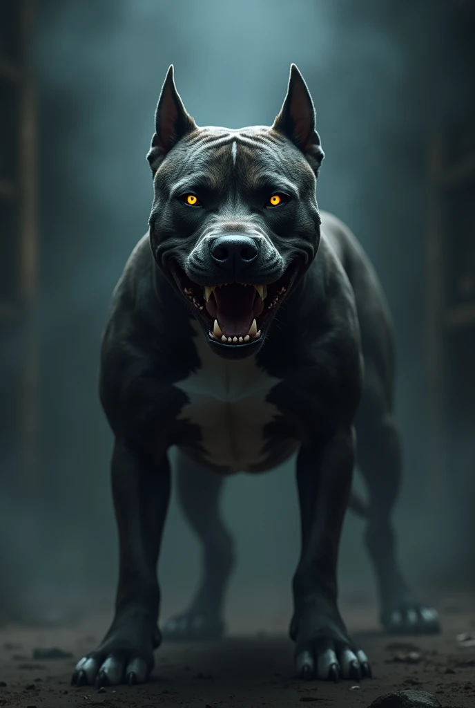 Create a realistic and terrifying image of a single dog, such as a Pit Bull Terrier, with a fierce expression, showing its teeth and intense, glowing eyes. The dog should have a muscular build, standing in a dark, eerie setting with shadows and mist, enhancing its menacing presence.