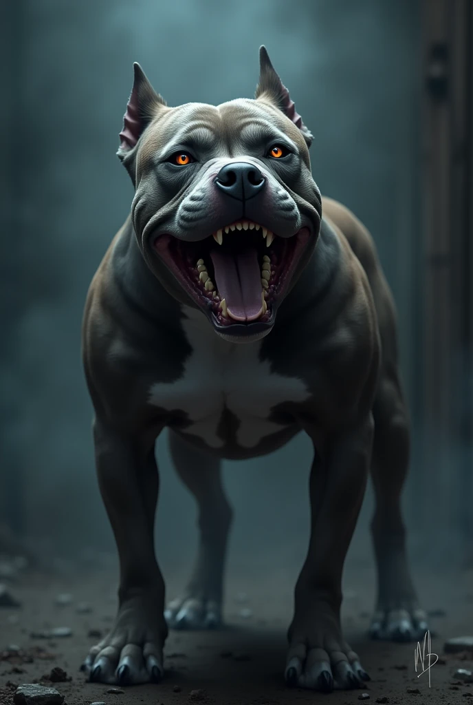 Create a realistic and terrifying image of a single dog, such as a Pit Bull Terrier, with a fierce expression, showing its teeth and intense, glowing eyes. The dog should have a muscular build, standing in a dark, eerie setting with shadows and mist, enhancing its menacing presence.
