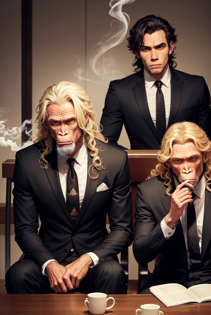2 chimpanzees sitting around a table doing business in suits, one has long curly blonde hair and one short black hair, smoking weed