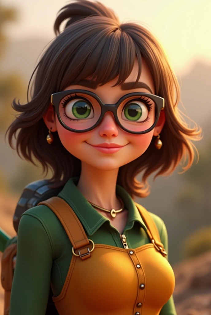 a plump woman with large glasses and green eyes , brown bob with bangs that looks a bit cheeky and happy. She dragon rider. In Pixar style