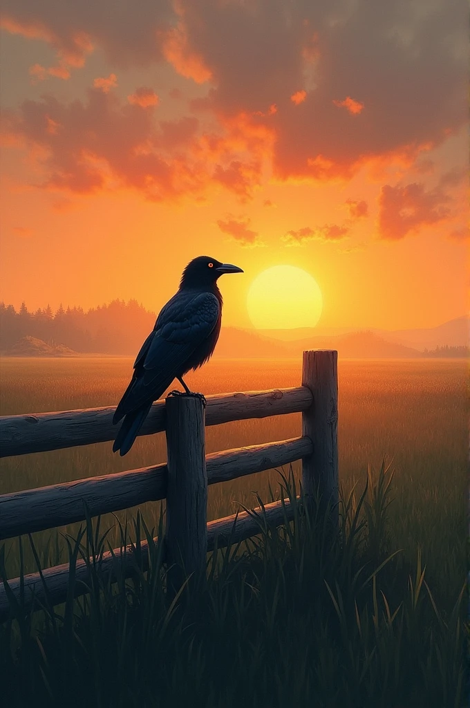 A crow on a fence in a field with a sunset.  Paint effect 