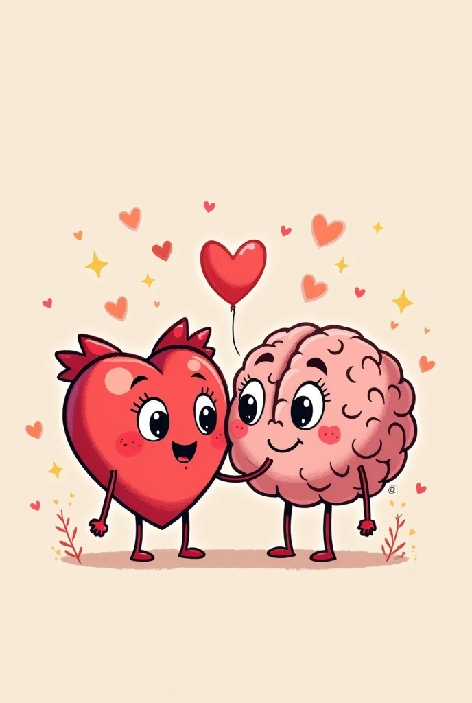 Create a cartoon of a heart and a brain in love