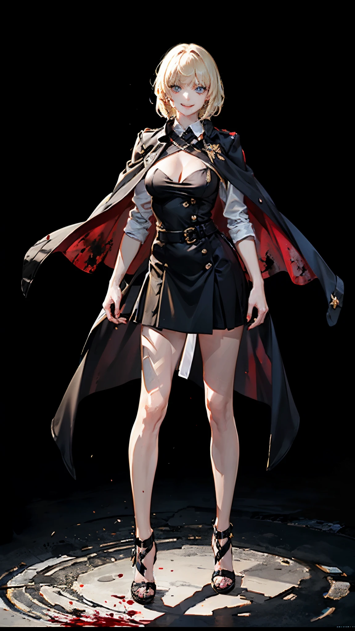 a tall, muscular blonde female with short straight hair and blue eyes, wearing a black military uniform with a cape and segmented skirt, standing on a battlefield at night with a menacing aura, extremely detailed eyes and face, longeyelashes, evil smile, nail, blood, magic, antique uniform, scary aura, HDR, UHD, studio lighting, ultra-fine painting, sharp focus, physically-based rendering, extreme detail description, professional, vivid colors, bokeh, portraits, dark fantasy