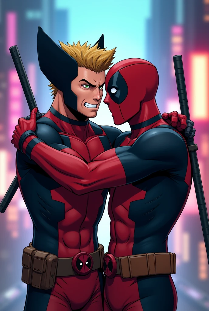 Angry Wolverine and Deadpool hugging him anime version