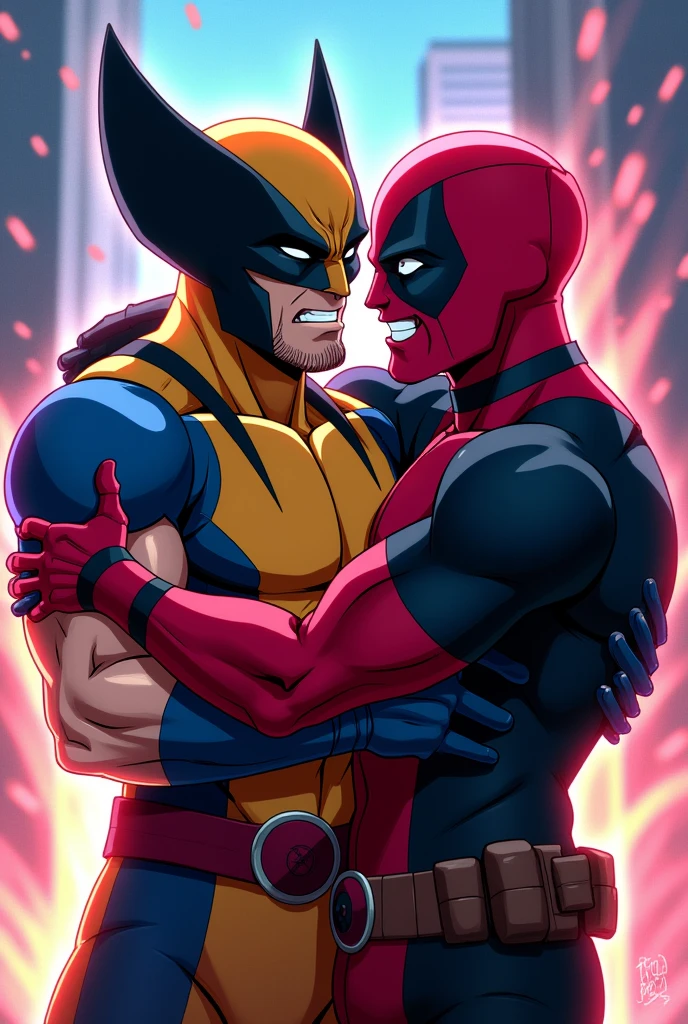 Angry Wolverine and Deadpool hugging him anime version