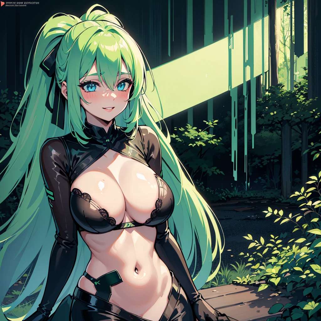 One beautiful Gynoid putting on black lace bra in the woods (long neon green hair, perfect ???????, soft neon blue eyes)1girl, Solo, Long Hair, High Resolution, ???????, Blush, Smile, Jewelry, Hair Ribbon, Ponytail, Hair Clip, ?????????????, Parted Lips, Makeup, 
