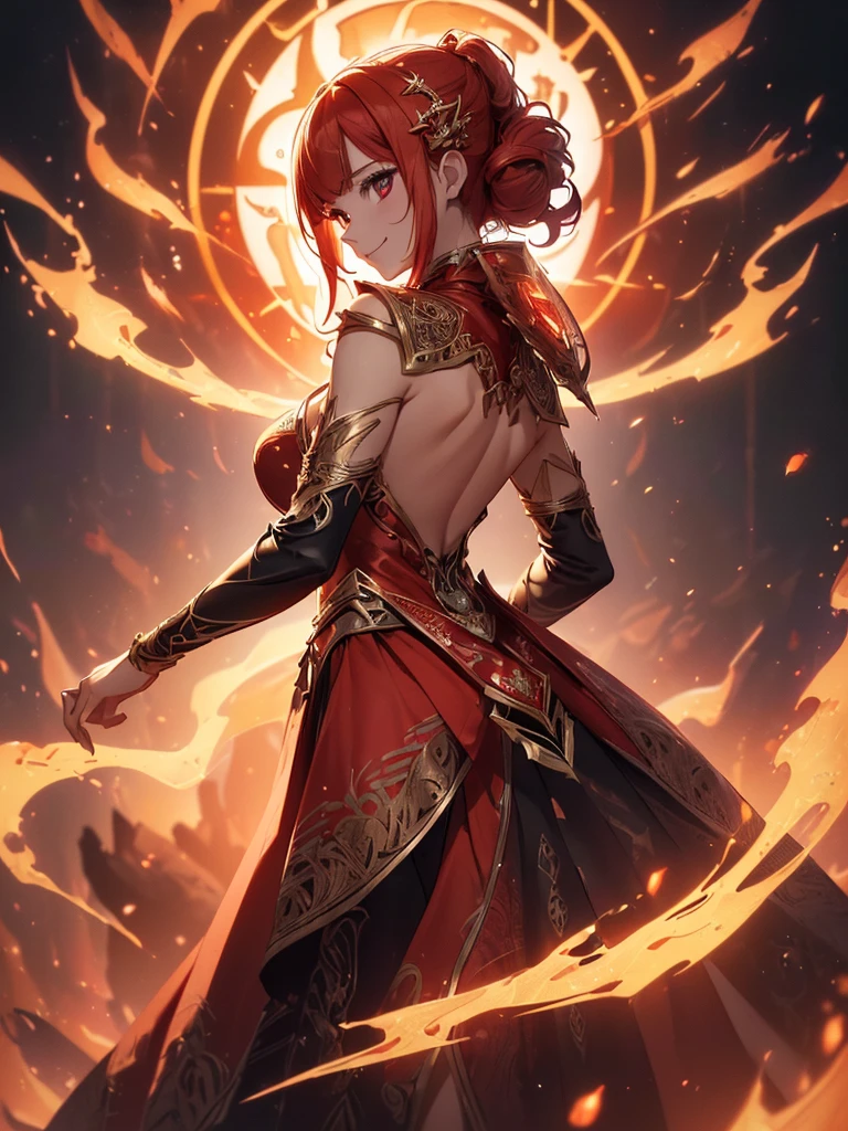 (((best quality, sharp image, clear image, cinematic lighting, 8k resolution, masterpiece, ultra detailed, intricate))) Girl, sorcerer, cute, intricate dress, smiling, fiery red, ((intricate background)), (rune frame), dimension, ((shot from behind)), fire sigils, chaotic background, ((half-body shot))