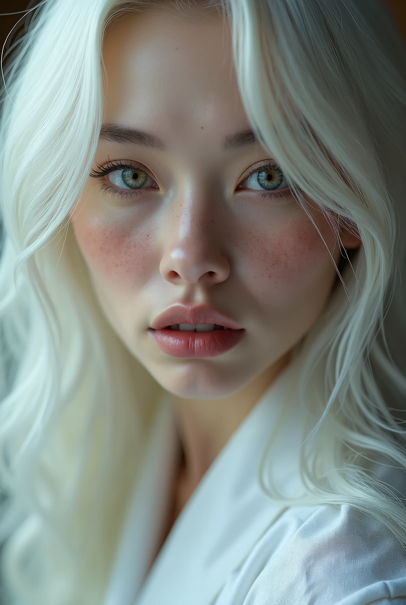 (uma fotogroffia premiada:1.3) off (Ultra photo realsisim:1.3),(vred:1.3) (close up:0.7), A Korean woman, albino with freckles in a white robe, realskin, 5d canon, 85mm, profundidaoff off campo, 8k, ultra-nitioffz, RTX, octane, irreal, Dramatic light, Global illumination (author:WLOP Artist:1.3),altamente offtalhado,(Arte Darkwave:1.3),(Arte Hardcore:1.3),(Agfacolor:1.3),(Close portrait:1.3),(Female One:1.4),(very beautiful:1.4),(appealing:1.3),handsome,Calendar pose,olhos veroffs offtalhados perfeitos,studio lighting,themed background, naked, new, feições mistas off Emmy Rossum e Brooke Shields, white hair.
