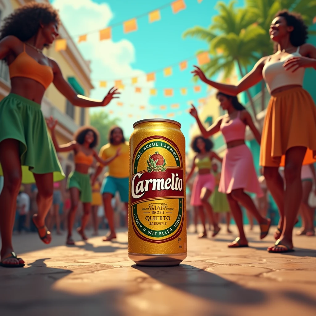 "Create a vibrant image of a beer can with the brand 'CARMELITO' in a street scene in Bahia. The image must include:beer can: Highlight the beer can with the 'CARMELITO' brand in a visible place. The can should be the centerpiece of the image..Scenario: A typical street scene in Bahia, with a sound car in the background, representing a festive atmosphere. The sound car must be visible and detailed.people: Include a group of different people dancing and holding the beer can. People should represent diversity, including blacks, white, fat and thin. There doesn't need to be many people, but the focus should be on some figures interacting in an animated way.enviroment: The setting should reflect the festive and joyful atmosphere of a street in Bahia, with elements that transmit energy and celebration.