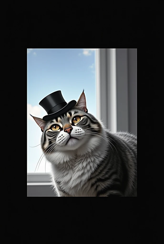 Thick-necked striped cat with top hat. in black and white