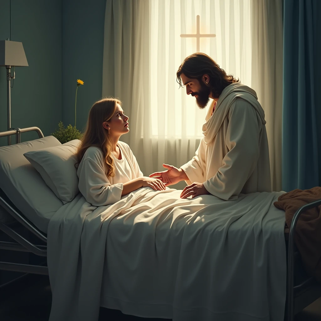 Create an image of a caregiver sitting by the bedside of a patient, their face showing signs of fatigue but also compassion and strength. Jesus is beside them, His hand over theirs, with a serene light filling the room, symbolizing divine support and endurance.