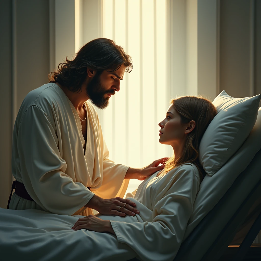 A serene and comforting scene of Jesus visiting a person in a hospital. Jesus is depicted with a gentle, compassionate expression, wearing traditional robes and a soft glow surrounding Him, indicating His divine presence. The patient is lying in a modern hospital bed, connected to medical equipment, with a peaceful look on their face, feeling comforted by the presence of Jesus. The room is softly lit, with some medical equipment in the background, and a window showing a glimpse of a sunny day outside.