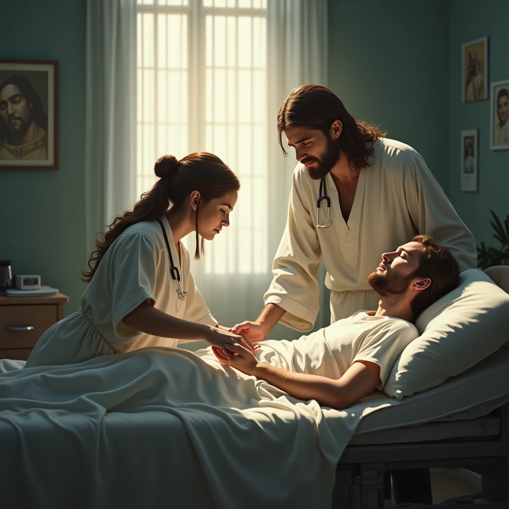 Create an image of a caregiver sitting by the bedside of a patient, their face showing signs of fatigue but also compassion and strength. Jesus is beside them, His hand over theirs, with a serene light filling the room, symbolizing divine support and endurance.