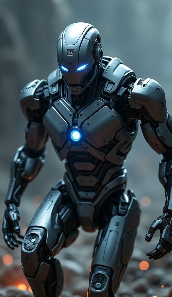ultron, advanced AI robot, futuristic sci-fi character, metallic body, glowing blue eyes, complex machinery, powerful and dangerous, highly advanced technology, attacking pose, dynamic motion, cinematic lighting, dark moody atmosphere, digital art, 8k, photorealistic, unreal engine, hyper detailed, cinematic composition, moody color palette, dramatic shadows and highlights