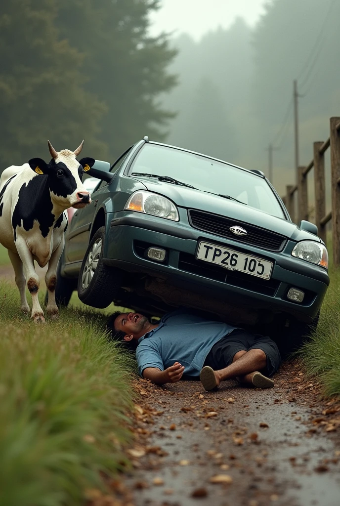 3d realistic cartoon of One car accident with a bull laid on the on the road during night time
